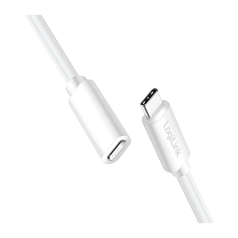 LOGILINK USB 2.0 Type-C Kabel przedłużający – USB-C męski na żeński, 480 Mbps, Power Delivery 100W, biały, 1m