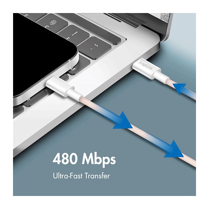 LogiLink USB 2.0 Type-C do Type-C Kabel, 1m, 60W Power Delivery, Pleciony nylon, Różowy