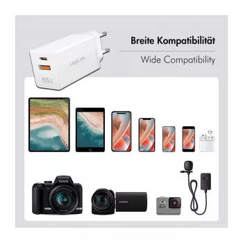 Logilink Ładowarka USB-A/C 65 W GaN, 1x USB-A (QC), 1x USB-C (PD), biała