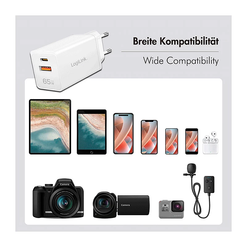 Logilink Ładowarka USB-A/C 65 W GaN, 1x USB-A (QC), 1x USB-C (PD), biała