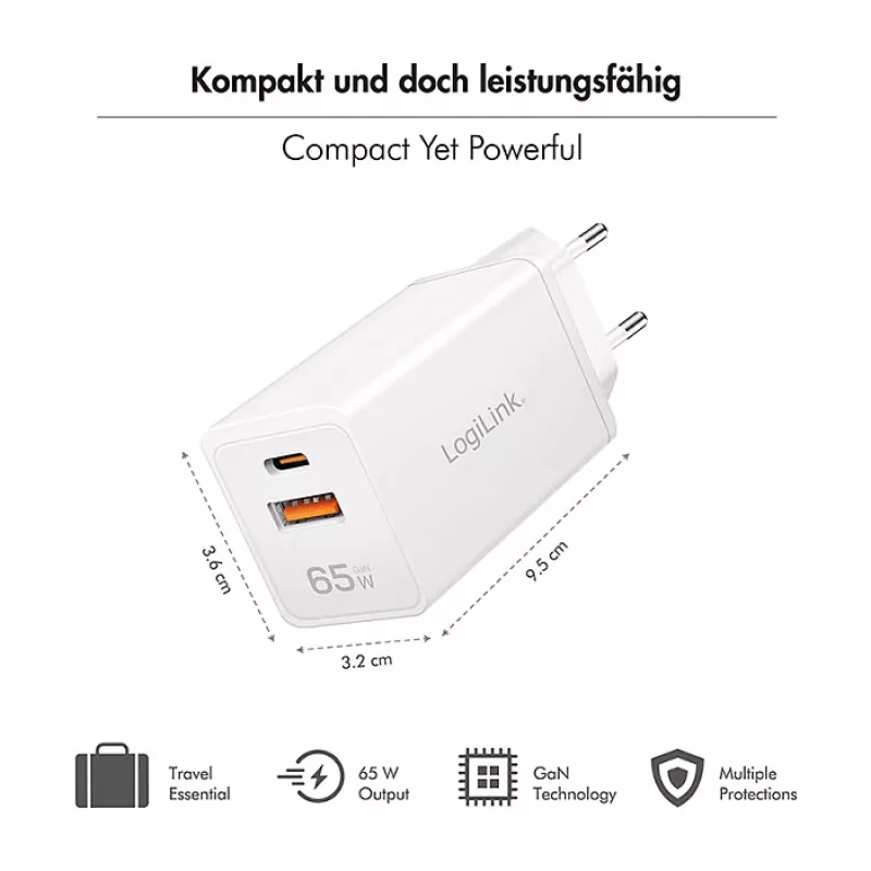 Logilink Ładowarka USB-A/C 65 W GaN, 1x USB-A (QC), 1x USB-C (PD), biała