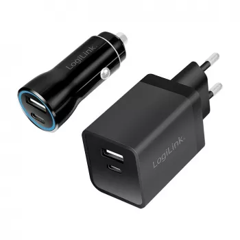 Logilink Zestaw ładowarek USB-A/C, 15 W, 1x USB-A, 1x USB-C, Czarny