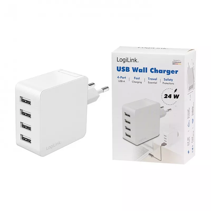 Ładowarka Logilink USB-A, 24 W, 4-portowa, 4x USB-A, biała