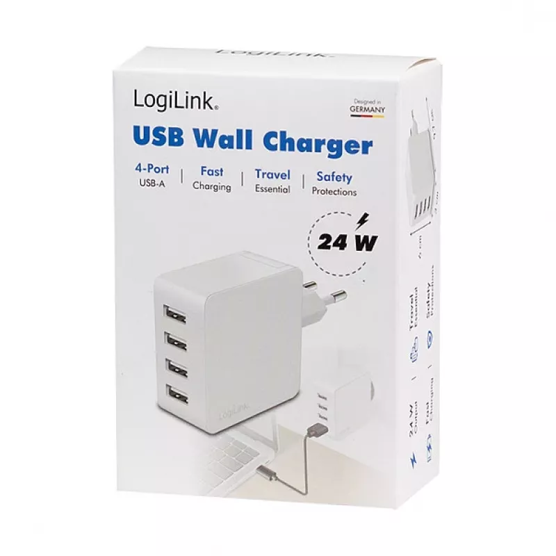 Ładowarka Logilink USB-A, 24 W, 4-portowa, 4x USB-A, biała