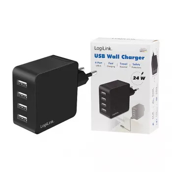 LogiLink Ładowarka ścienna USB-A, 24W, 4-portowa, 4x USB-A, czarna