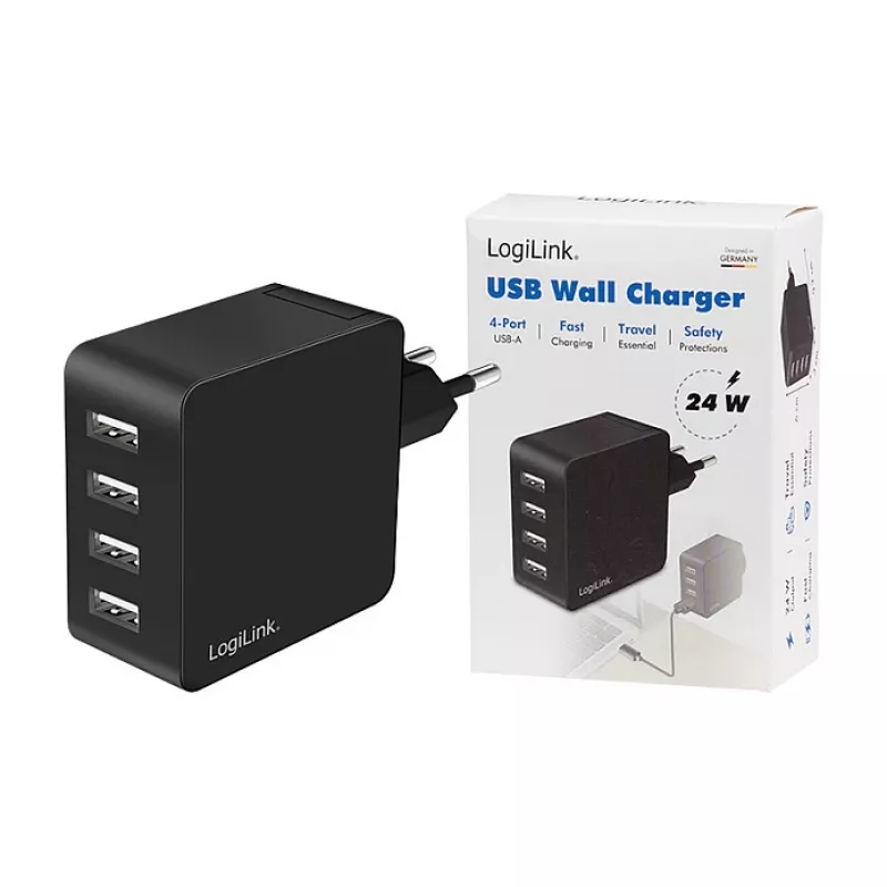LogiLink Ładowarka ścienna USB-A, 24W, 4-portowa, 4x USB-A, czarna