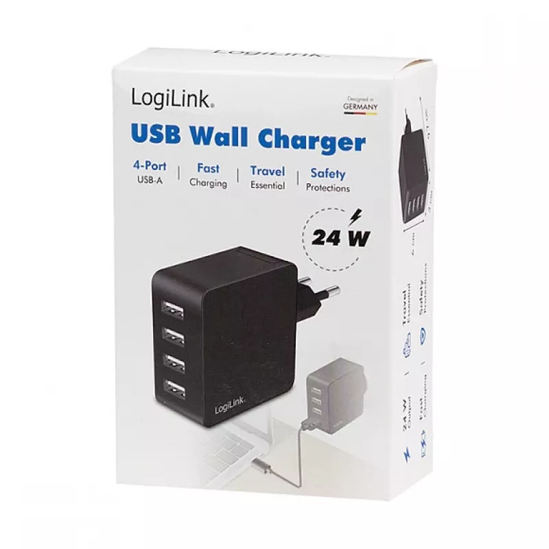 LogiLink Ładowarka ścienna USB-A, 24W, 4-portowa, 4x USB-A, czarna