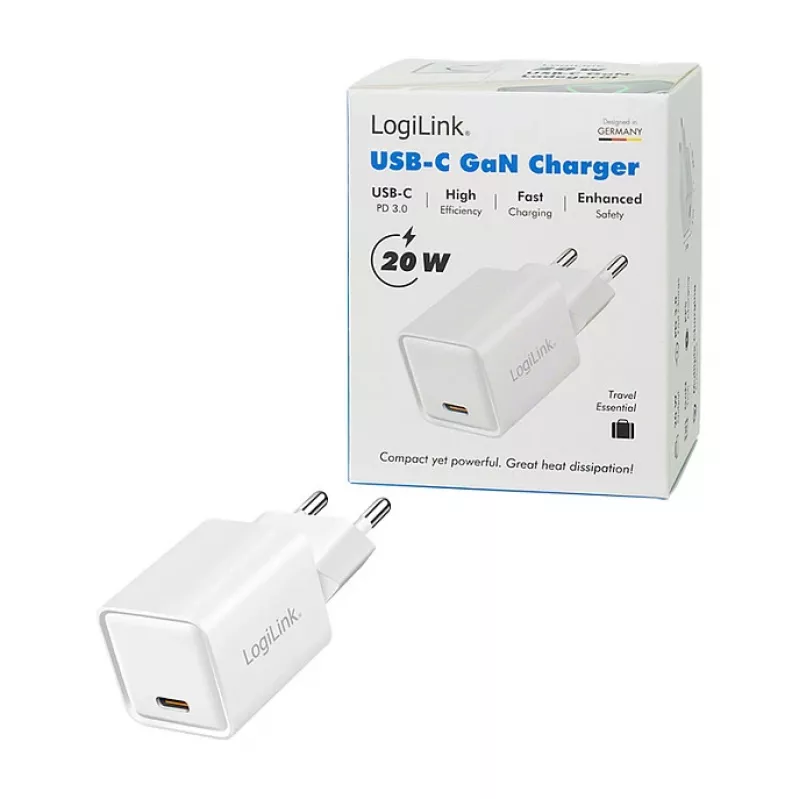 LogiLink ładowarka USB-C 20 W GaN, 1-portowa, USB Power Delivery, biała