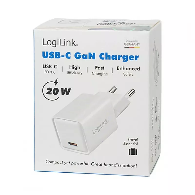 LogiLink ładowarka USB-C 20 W GaN, 1-portowa, USB Power Delivery, biała