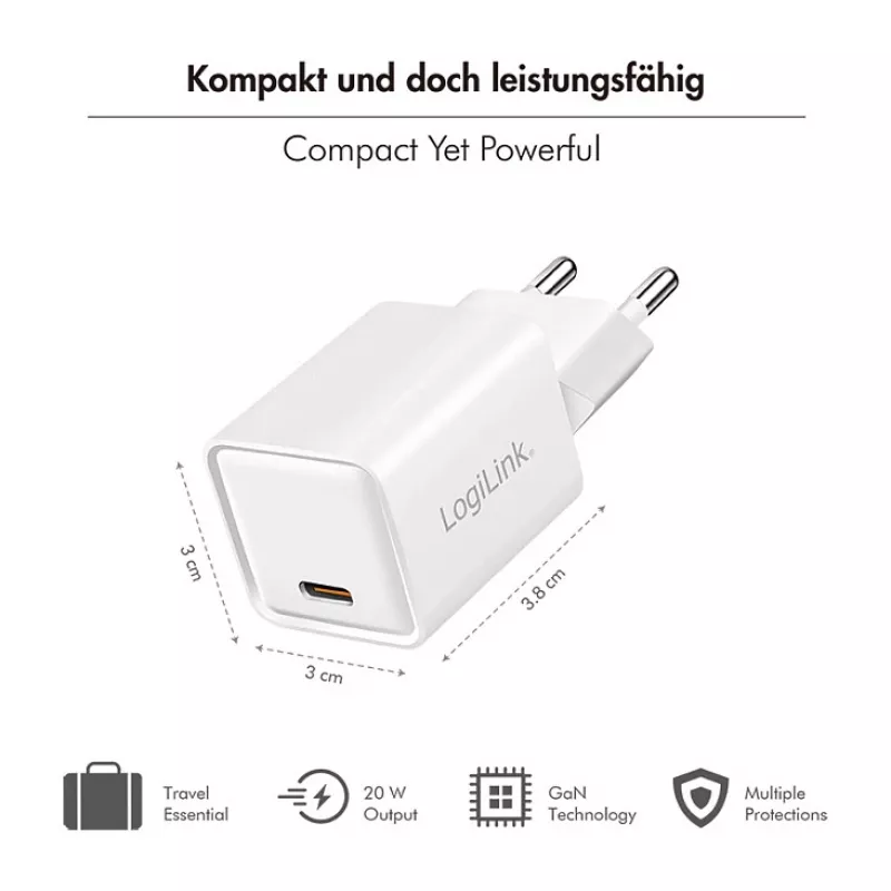 LogiLink ładowarka USB-C 20 W GaN, 1-portowa, USB Power Delivery, biała