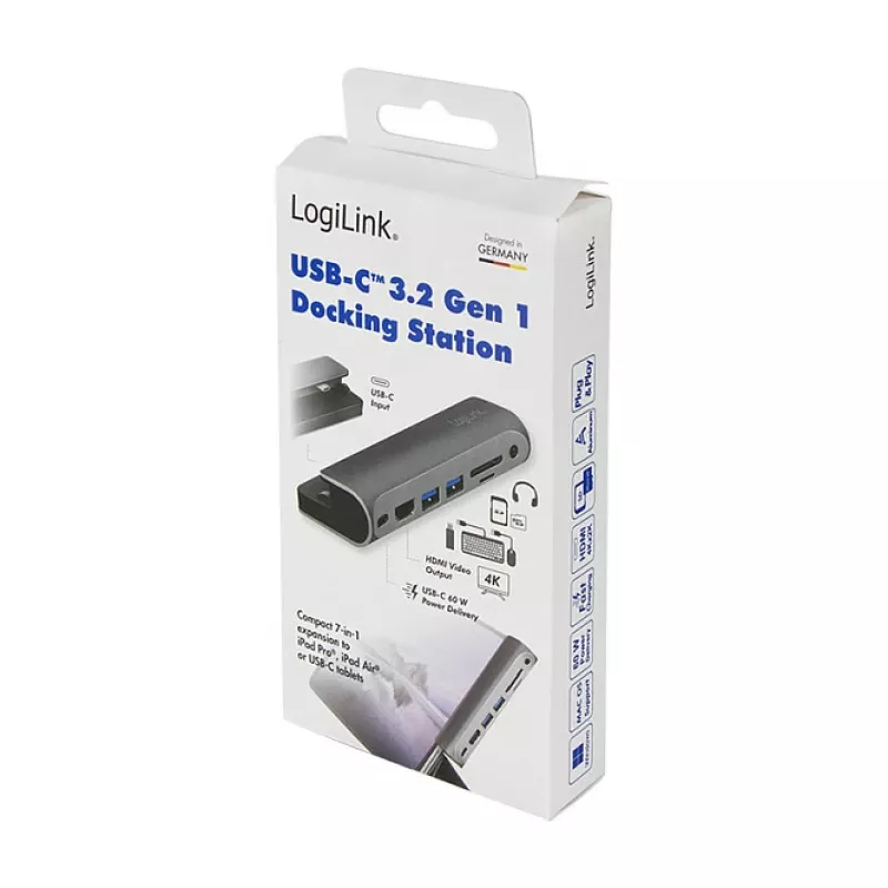 LOGILINK Stacja dokująca USB-C, 7-portowa, USB 3.2 Gen1, 100W PD, 4K HDMI, dla iPad, Aluminium (UA0385)