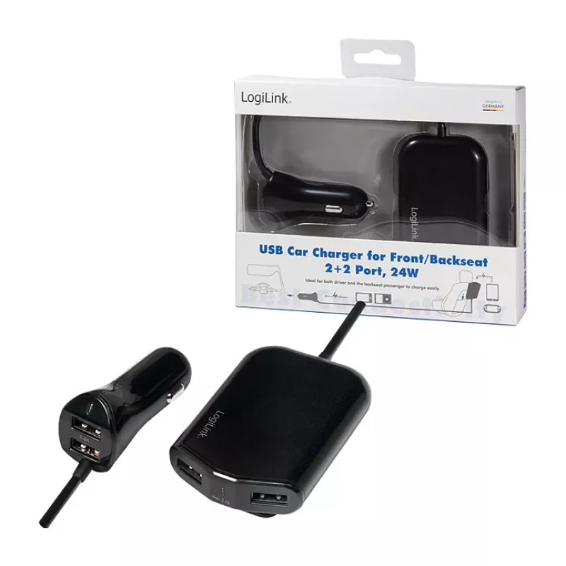 Logilink ładowarka samochodowa USB, 2+2 porty, 24W, czarna