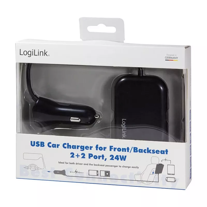 Logilink ładowarka samochodowa USB, 2+2 porty, 24W, czarna
