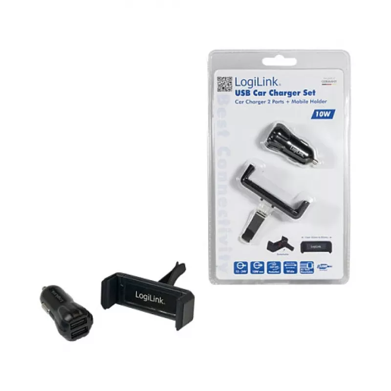 LogiLink Zestaw Ładowarka Samochodowa USB, 2-Portowa + Uchwyt