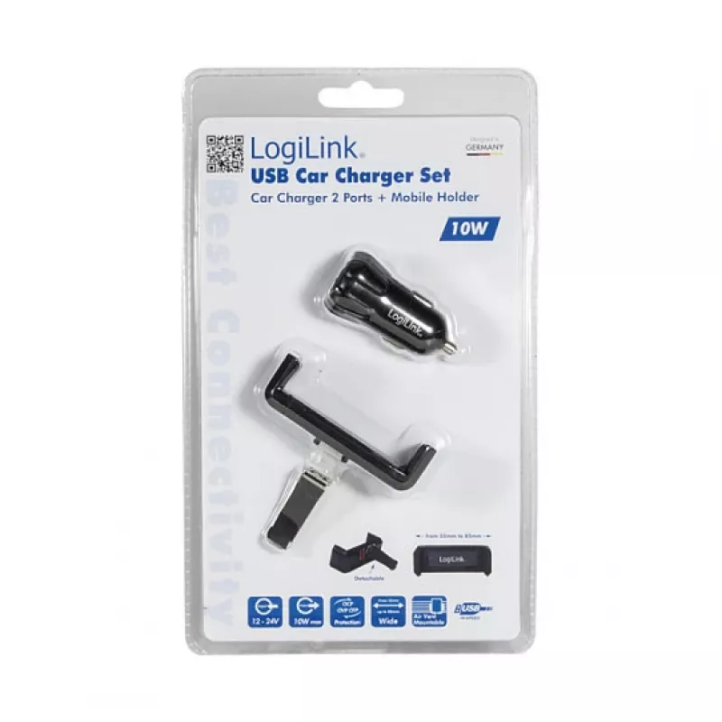 LogiLink Zestaw Ładowarka Samochodowa USB, 2-Portowa + Uchwyt