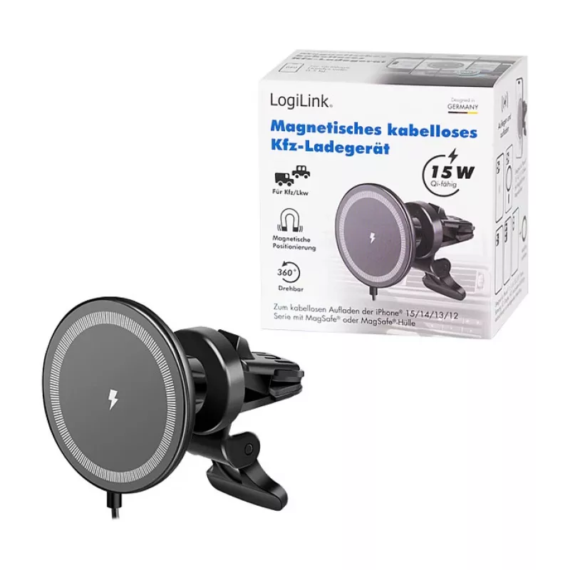 LogiLink Bezprzewodowa ładowarka samochodowa z uchwytem na smartfon 15W, okrągła, Qi, automatyczne zaciskanie, kratka wentylacyjna i przyssawka, czarna