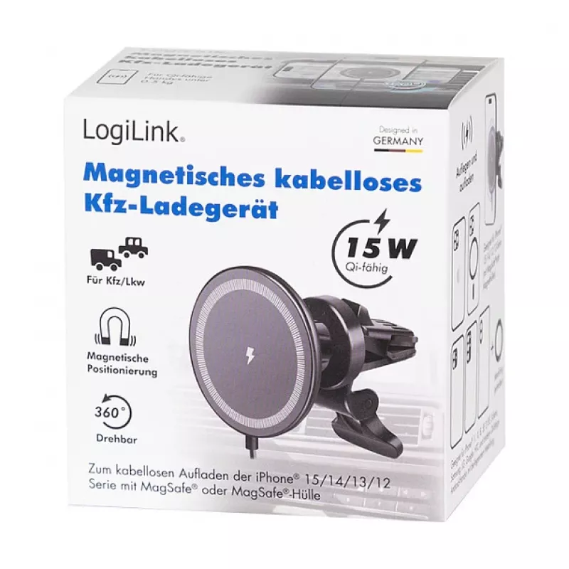 LogiLink Bezprzewodowa ładowarka samochodowa z uchwytem na smartfon 15W, okrągła, Qi, automatyczne zaciskanie, kratka wentylacyjna i przyssawka, czarna