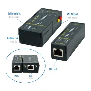 LOGILINK WZ0080 tester kabli LAN i lokalizator PoE z magnesem, latarką, podświetlanym LCD, zasięg 300 m