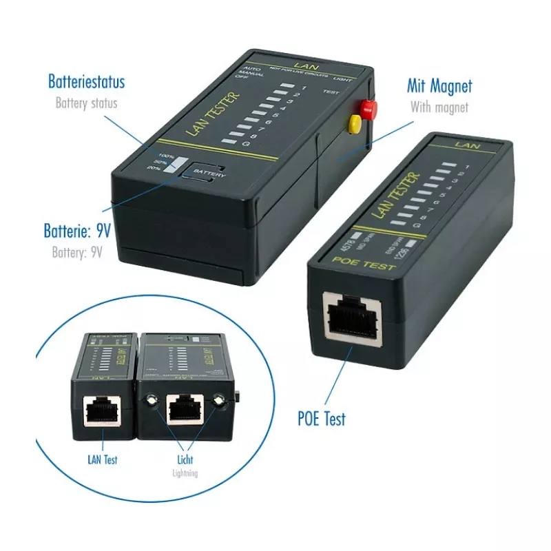 LOGILINK WZ0080 tester kabli LAN i lokalizator PoE z magnesem, latarką, podświetlanym LCD, zasięg 300 m