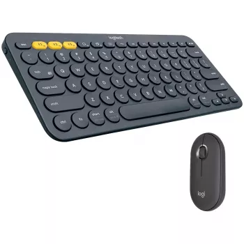 Zestaw Logitech Pebble 2 Combo Tonal Graphite – bezprzewodowa klawiatura i mysz, układ AZERTY (francuski), Bluetooth i odbiornik USB Logi Bolt, ciche kliknięcia, wiele urządzeń, tworzywo z recyklingu