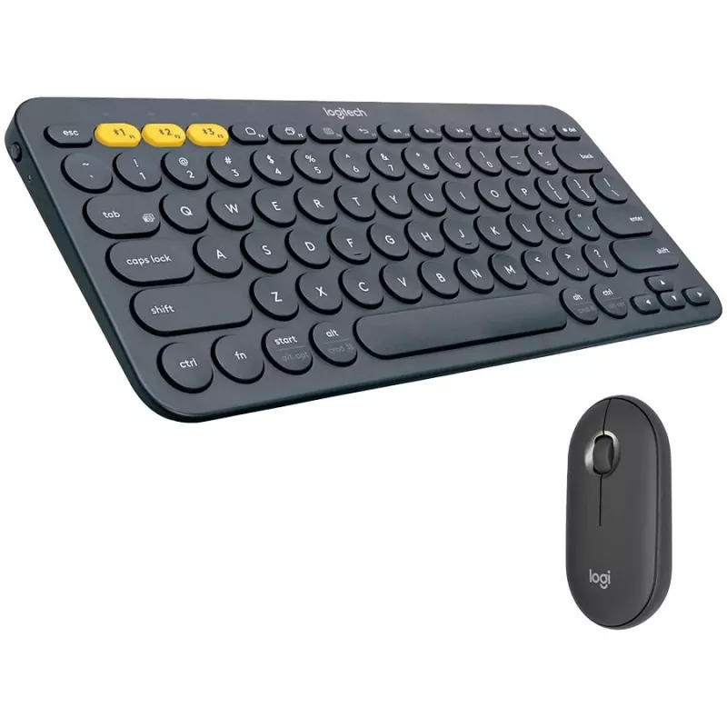 Zestaw Logitech Pebble 2 Combo Tonal Graphite – bezprzewodowa klawiatura i mysz, układ AZERTY (francuski), Bluetooth i odbiornik USB Logi Bolt, ciche kliknięcia, wiele urządzeń, tworzywo z recyklingu