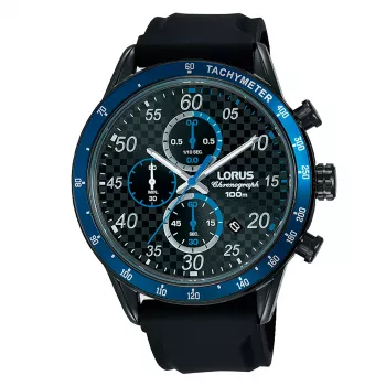Zegarek męski Lorus RM337EX9 z kwarcowym mechanizmem analogowym, niebieską tarczą i brązowym paskiem skórzanym 43 mm
