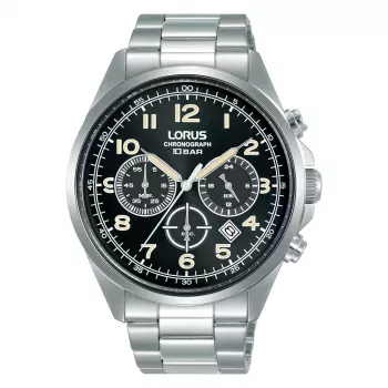 Zegarek męski Lorus Quartz Chronograph RT303KX9 - 43mm stal nierdzewna, czarna tarcza