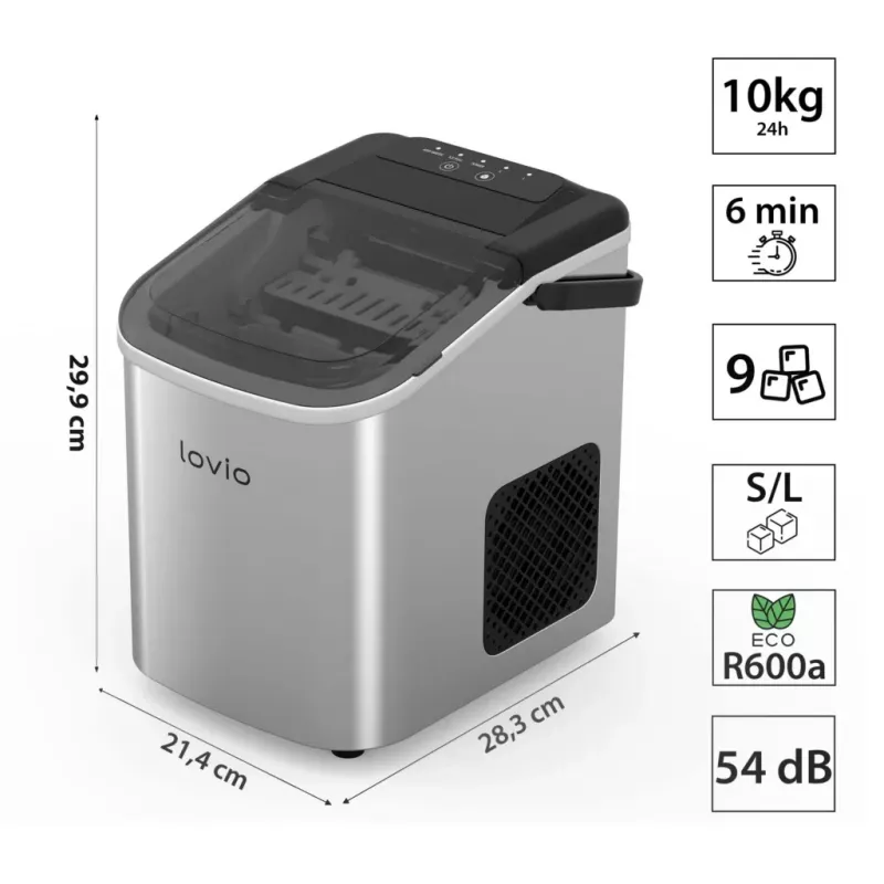 Lovio LVIM001SL Crystal Ice domowa wytwornica lodu - 12 kg/24h, zbiornik 2,2L, srebrny/czarny