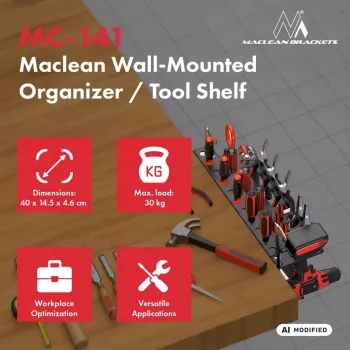MACLEAN MC-141 Ścienny Organizer na Narzędzia z 20 Pojemnikami i 11 Hakami, Czarny/Czerwony, 800x400x195 mm