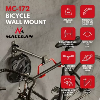 MACLEAN MC-172 Poziomy rowerowy uchwyt ścienny, stal, 30 kg obciążenia, regulowany kąt, składany, czarny