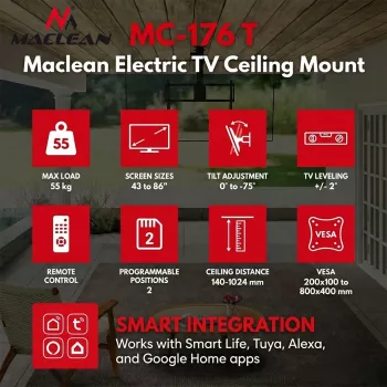 Maclean MC-176 T Elektryczny uchwyt sufitowy do telewizora z inteligentnym sterowaniem Tuya, VESA 200x200 do 800x400, do telewizorów 43-86 cali, obciążenie 55 kg, czarny