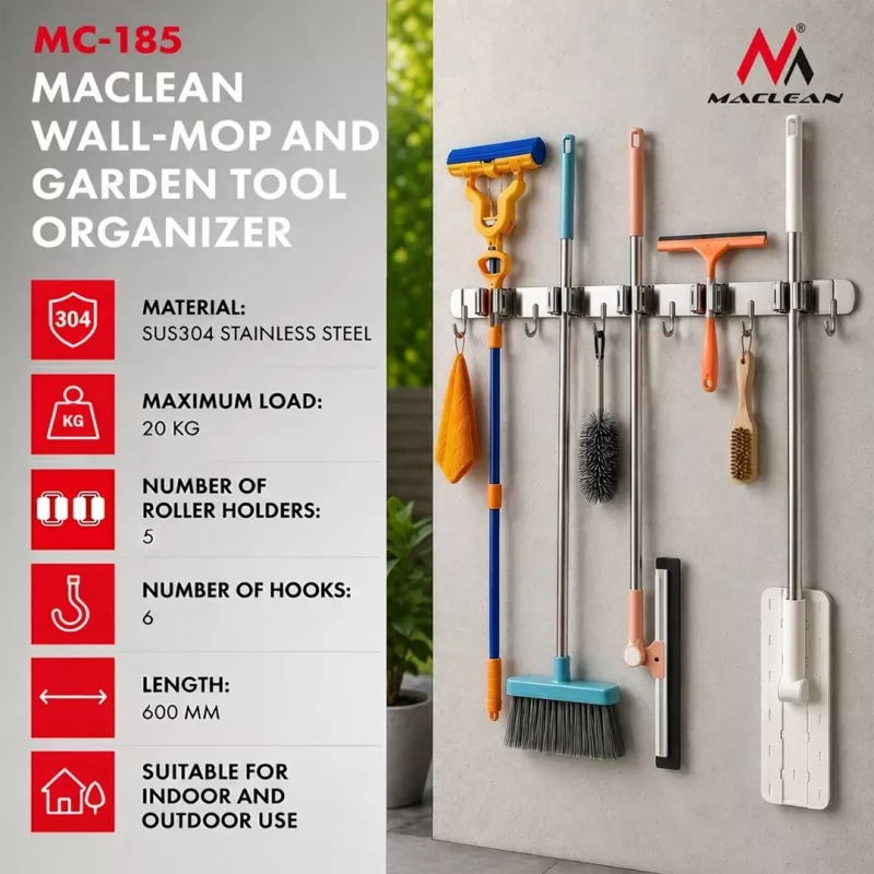Maclean MC-185 Organizer narzędziowy na ścianę do narzędzi ogrodowych i mopów, stal, 60 cm, obciążenie 20 kg, z haczykami