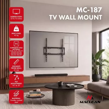 Uchwyt ścienny MACLEAN MC-187 Tilt do telewizorów 32-75 cali, VESA do 400x400, 45 kg, czarny