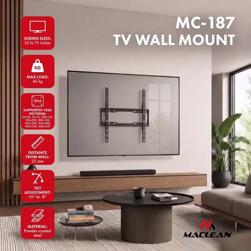 Uchwyt ścienny MACLEAN MC-187 Tilt do telewizorów 32-75 cali, VESA do 400x400, 45 kg, czarny