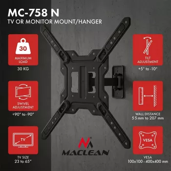 Maclean MC-758 N Stały uchwyt ścienny do telewizorów i monitorów 23-65 cali, 30 kg, VESA 400x400, czarny