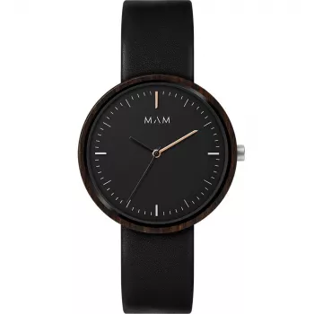 MAM MAM642 Unisex 39mm Zegarek z Drewna Tekowego z Czarnym Skórzanym Paskiem