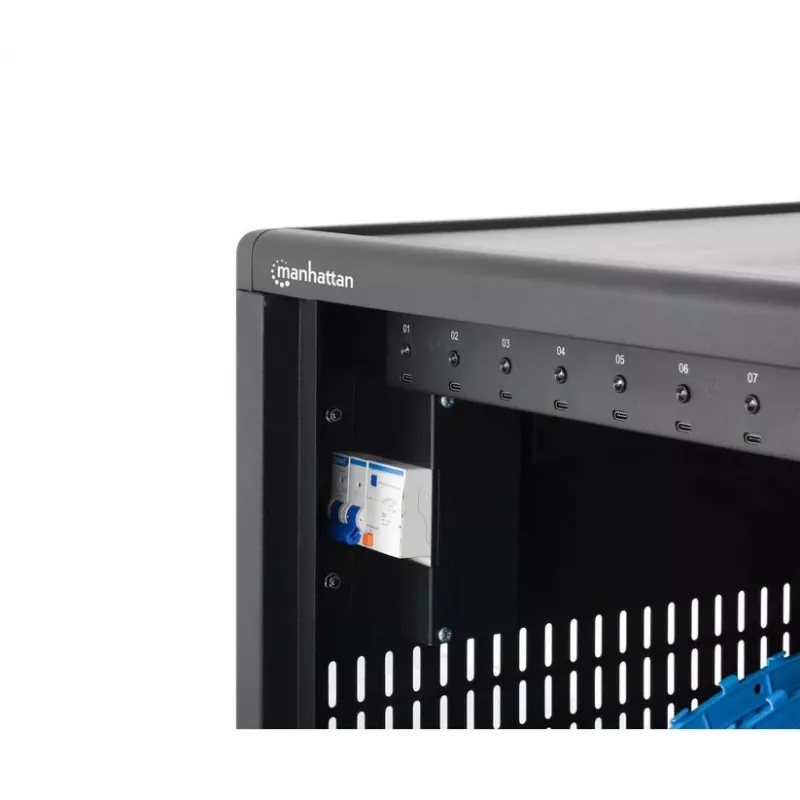 Manhattan 12-bay USB-C szafka ładująca do laptopów na kółkach, 65W na port, 780W łącznie, stal, czarny, kable UK i EU, wnęki 395x32,5x290mm