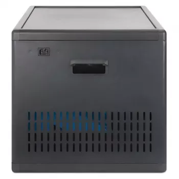 Manhattan 12-bay USB-C szafka ładująca do laptopów na kółkach, 65W na port, 780W łącznie, stal, czarny, kable UK i EU, wnęki 395x32,5x290mm