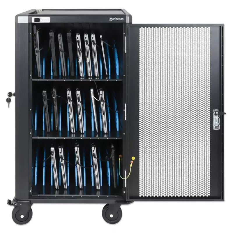 Manhattan Wózek/szafa do ładowania 30 laptopów przez zasilacz AC (EU) - zamykana stalowa szafa, 220-240V, 2300W, wtyk CEE 7/7, przewód 3m, 4 kółka