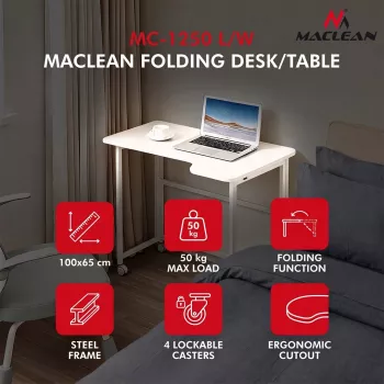 MCN Maclean Folding Desk L-Shaped White 100x65 cm Mobile with Lockable Wheels MC-1250 L/W