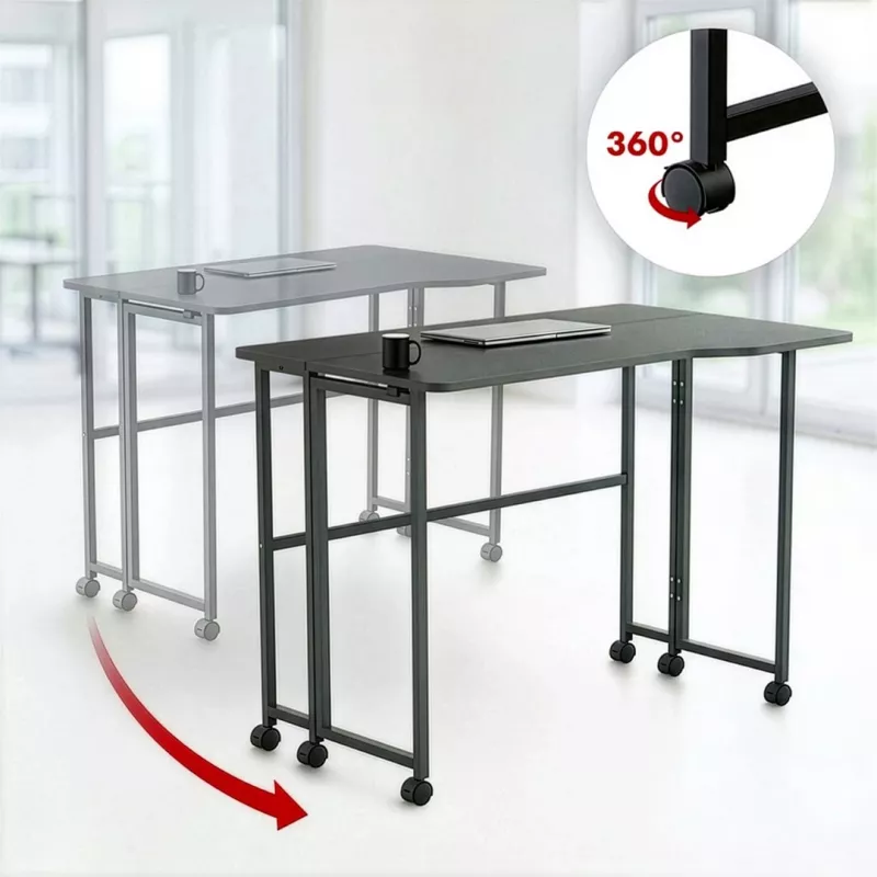 MCN Maclean Składane biurko narożne w kształcie litery L MC-1250 L/B, czarne, mobilne, 100x65 cm, maks. 50 kg