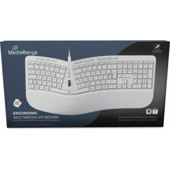 MediaRange MROS272 Ergonomiczny przewodowy keyboard, dzielony design, 124 klawisze, zintegrowane kółko przewijania, biały