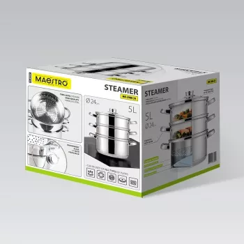 MEO MR-2900-24 MAESTRO Garnek kuchenny 24 cm 5.0 L ze stali nierdzewnej ze szklaną pokrywką, kompatybilny z indukcją