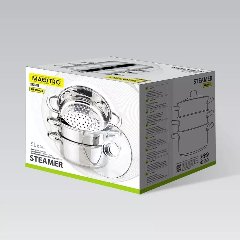 MEO MR-2900-24 MAESTRO Garnek kuchenny 24 cm 5.0 L ze stali nierdzewnej ze szklaną pokrywką, kompatybilny z indukcją