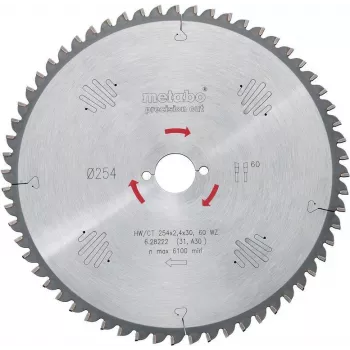 Metabo 628222000 Precision Cut Classic Tarcza piły tarczowej 254x30x2.4mm, 60 zębów, FZ/TR, ujemny kąt natarcia, do KS 254 Plus, KGS 254 M, KGS 254 Plus, KGS 254 I Plus