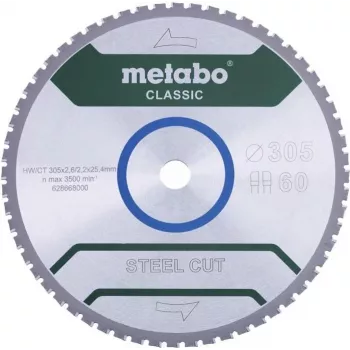 Metabo STEEL CUT CLASSIC Tarcza do piły tarczowej 305 x 25,4 x 2,2 mm, 60 zębów, węglik wolframu TCG, ujemny kąt natarcia, do cięcia na sucho stali 628668000