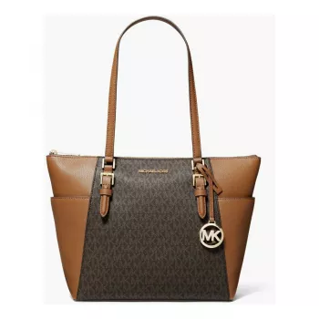 Michael Kors Carmen Damska Torba na Ramię - Brązowa Skóra Saffiano z Złotymi Okucami (25x28x11 cm)