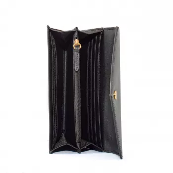 Michael Kors Jet Set Travel Phone Case Wallet, Czarna skóra Saffiano, okucia w kolorze złotym, zapięcie na zamek dookoła, odpinany pasek na nadgarstek, 6 kieszeni na karty, przegroda na banknoty, przegroda na telefon