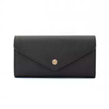 Michael Kors Jet Set Travel Phone Case Wallet, Czarna skóra Saffiano, okucia w kolorze złotym, zapięcie na zamek dookoła, odpinany pasek na nadgarstek, 6 kieszeni na karty, przegroda na banknoty, przegroda na telefon