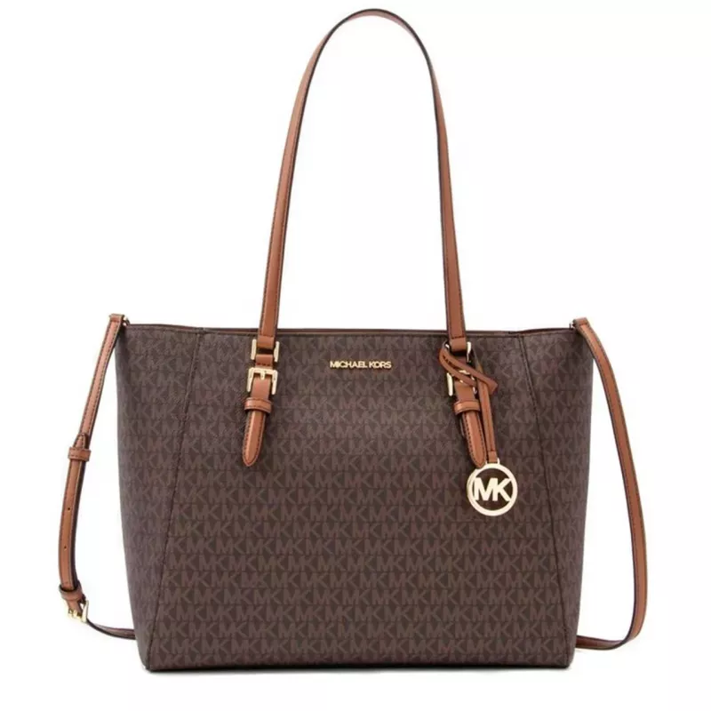 Michael Kors Jet Set Travel Saffiano Leather Tote Bag - Brązowa torba damska z okuciami w kolorze złotym (42x28x10 cm)